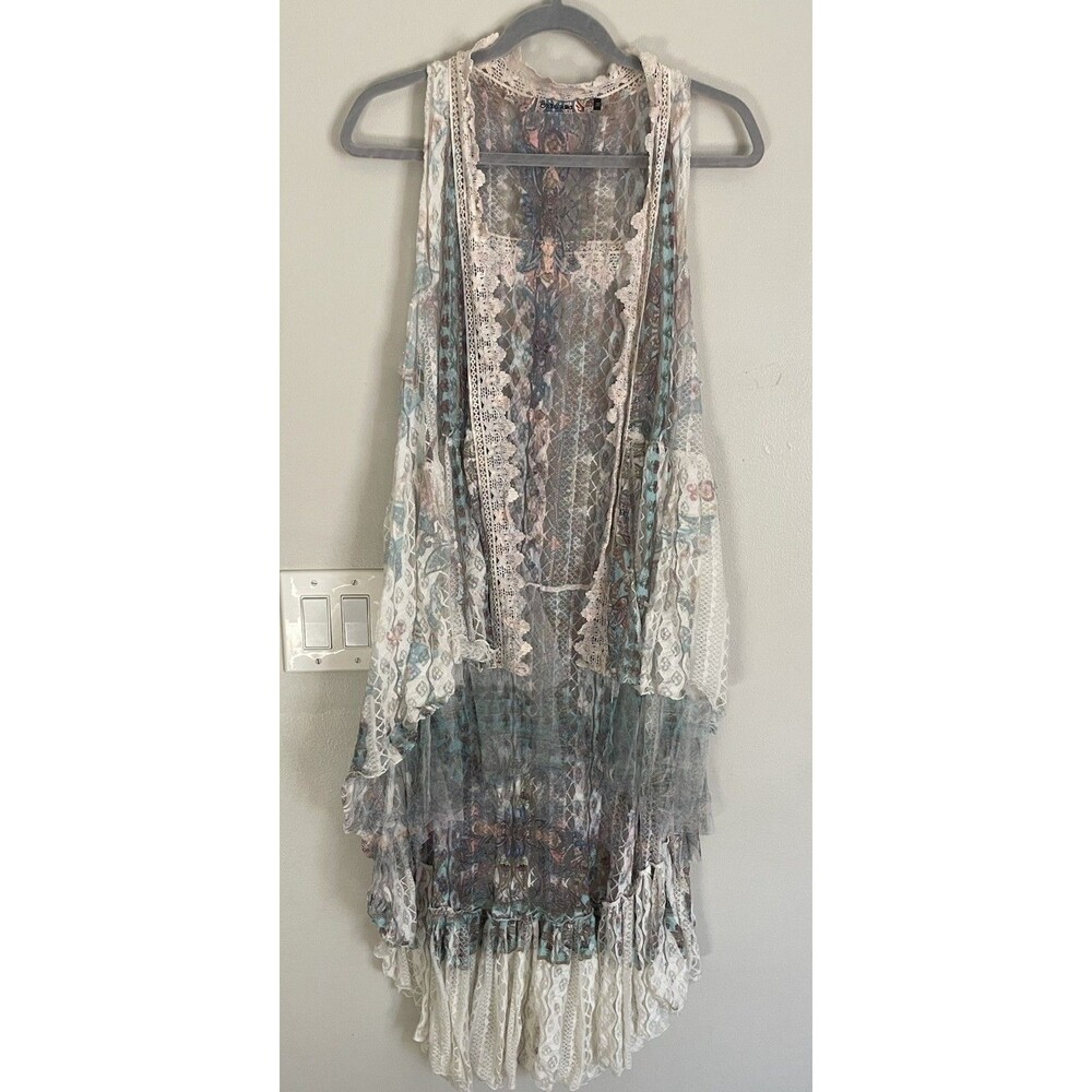 Origami Apparel Boho Hi-Lo Vest Cardigan Duster Tiered Kimono M Teal/Ivory Fairy